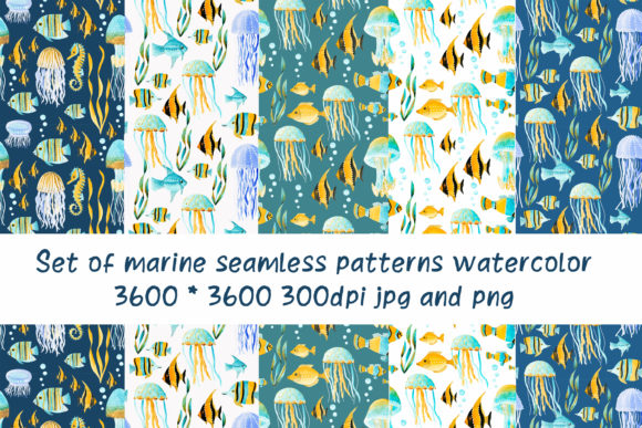 A Set of Marine Patterns Watercolor